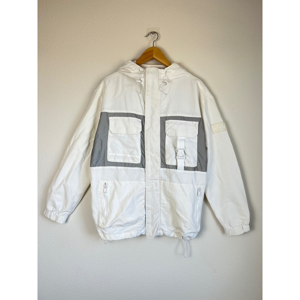 Bershka Loud Actions Techwear Jacket White Hooded Utility Windbreaker‎ Size M